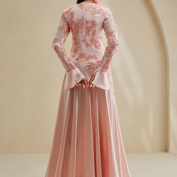 Pink Elegant Women's Floral Pattern Round Neck Fitted A-Line Mai Dress - Picture 3 of 8